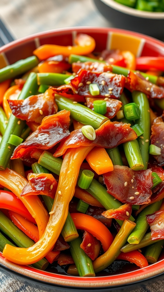 Crispy bacon and slender vegetable stir-fry in a colorful bowl, garnished with green onions and sesame seeds.
